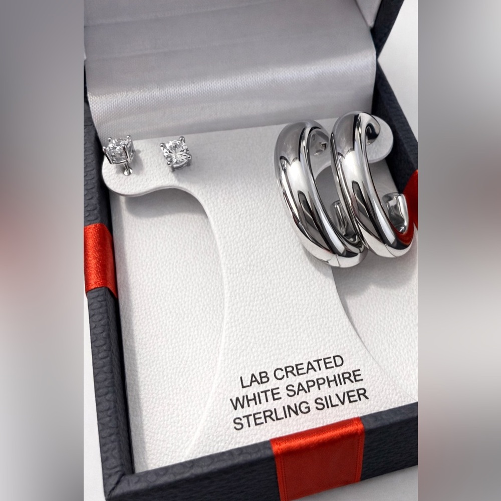 Sterling Silver Lab White Sapphire Stud & Hoop Set NIB $124